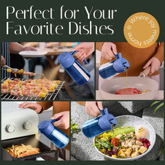 Blue glass olive oil dispenser bottle with handle for cooking