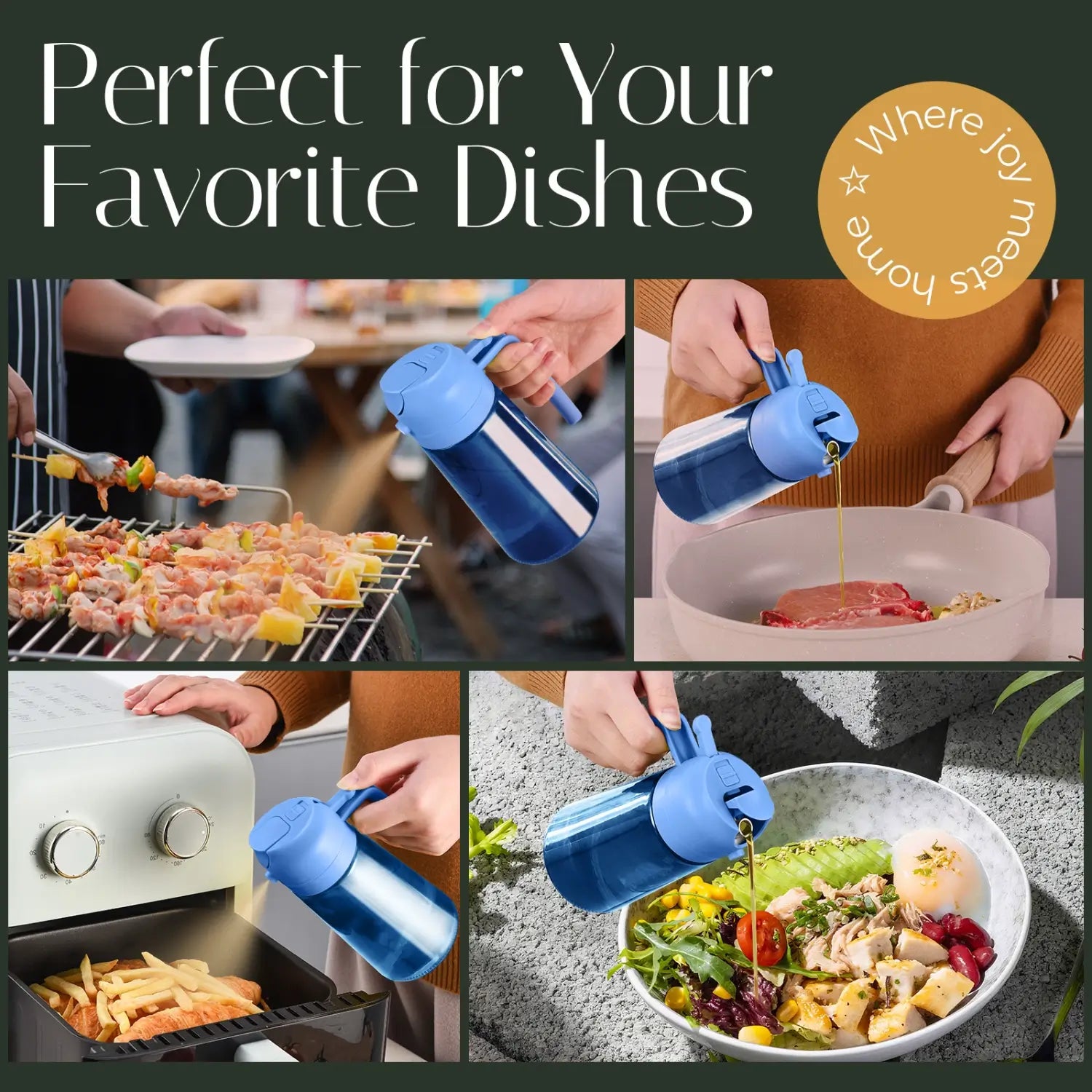 Blue glass olive oil dispenser bottle with handle for cooking