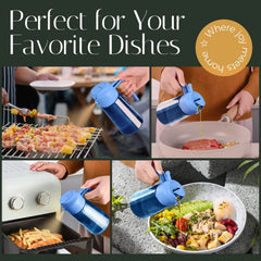 Blue glass olive oil dispenser bottle with handle for cooking