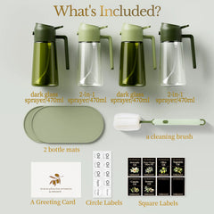 Yarramate oil dispenser gift set components including four 470ml glass spray bottles, cleaning brush, bottle mats, and sticker labels.