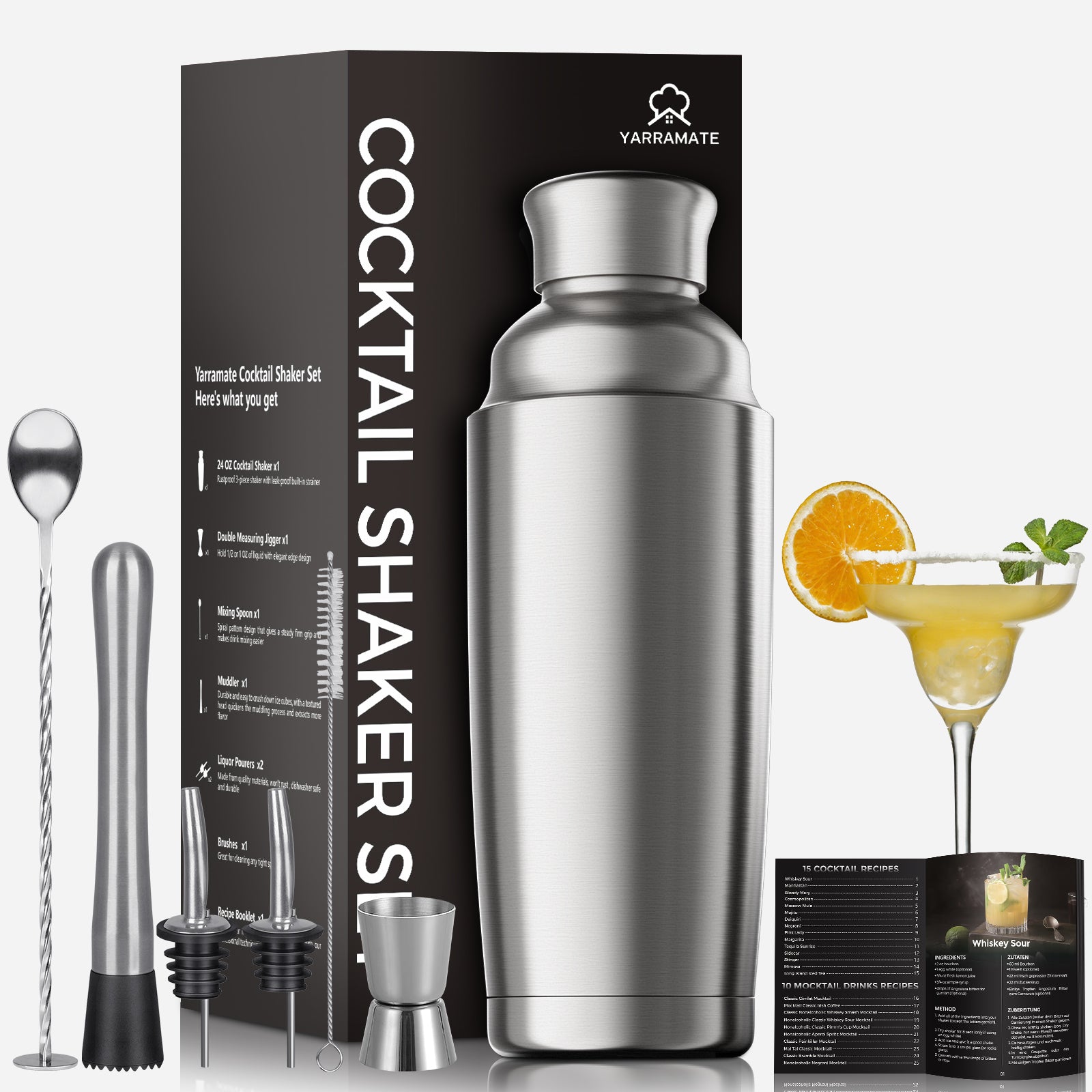 Portable Bar All In One Cocktail Shaker Set With Measurements, Reamer, Bottle Opener, Straine Martini Shaker