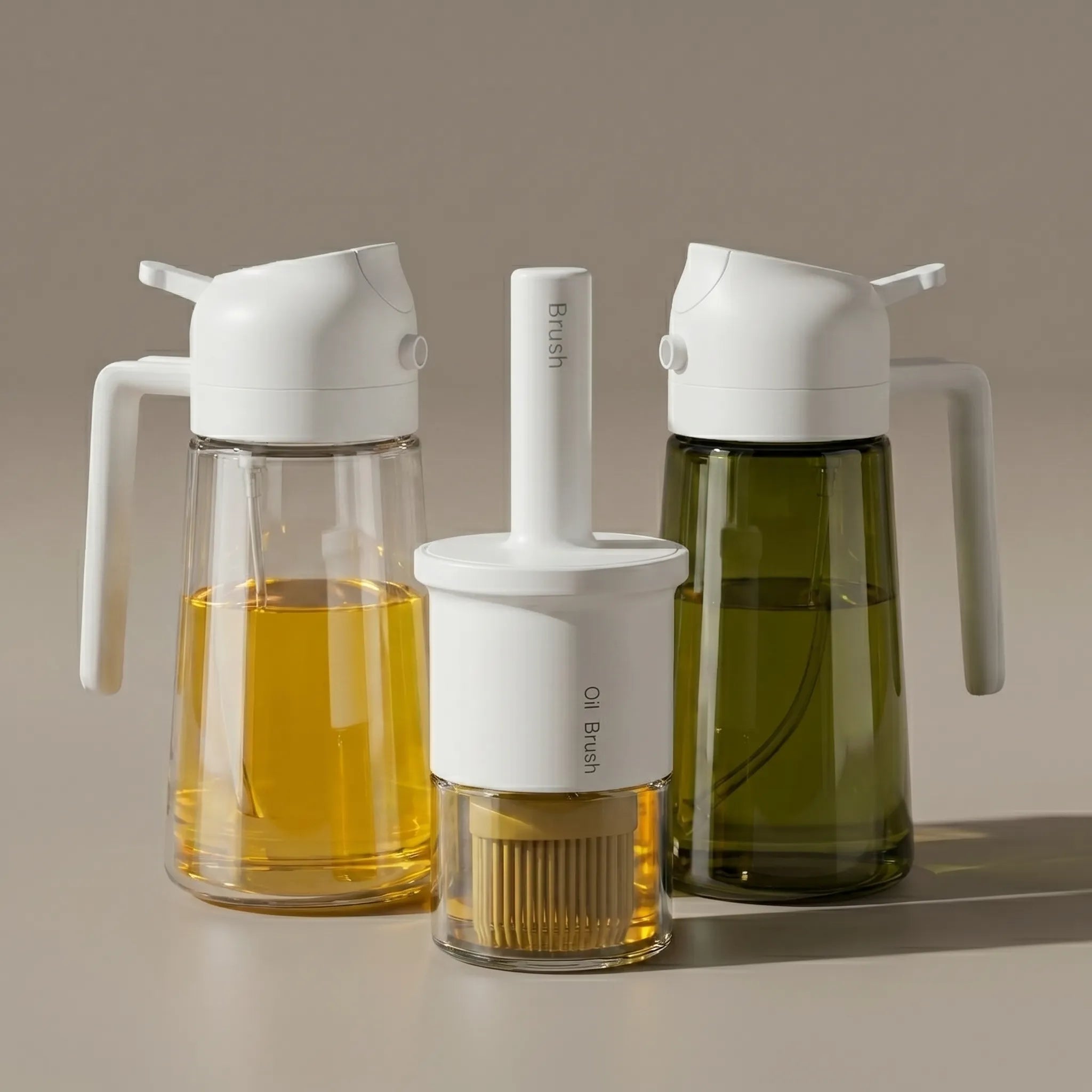two oil Sprayer and an oil bottle brush,white