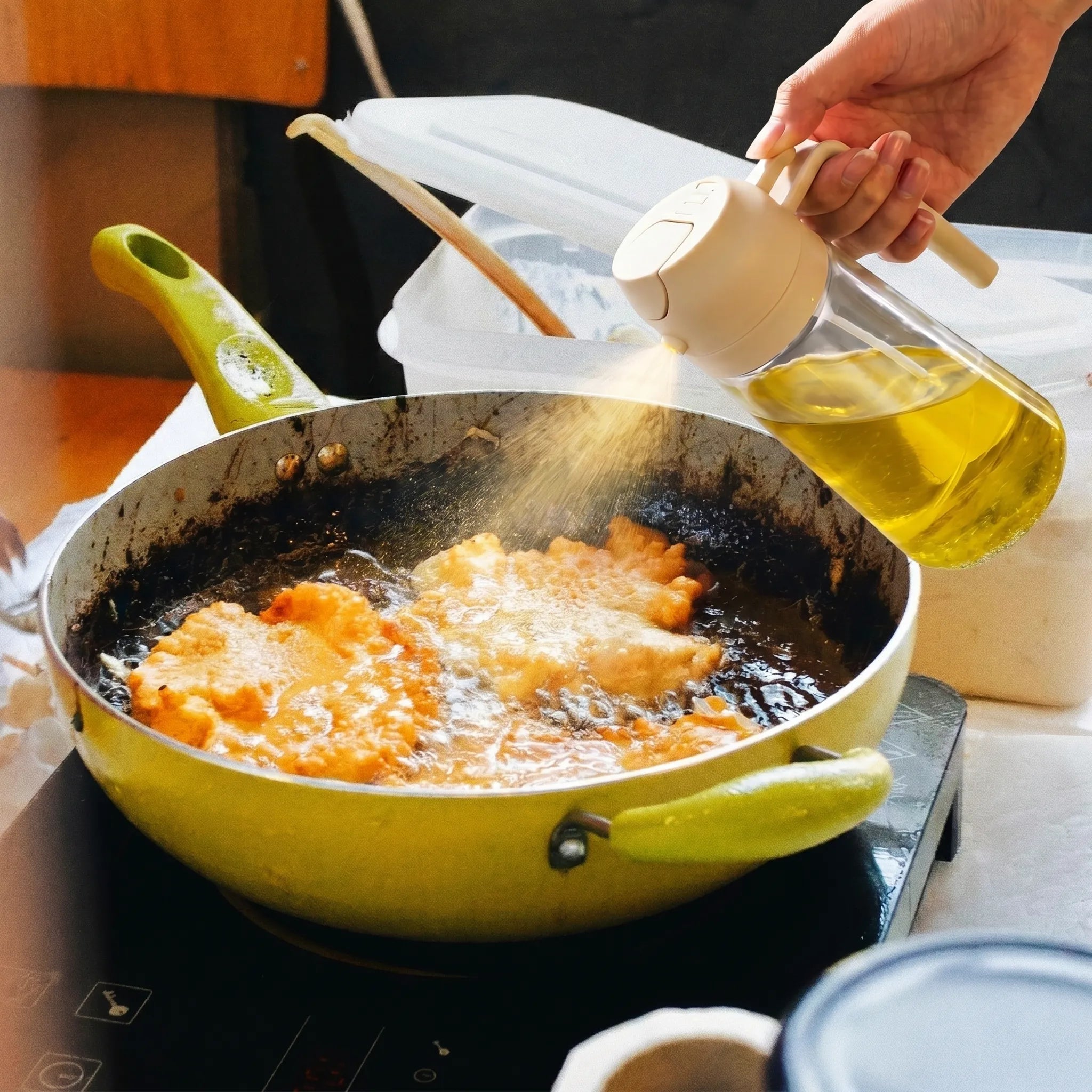 use oil sprayer to spray oil into the pan