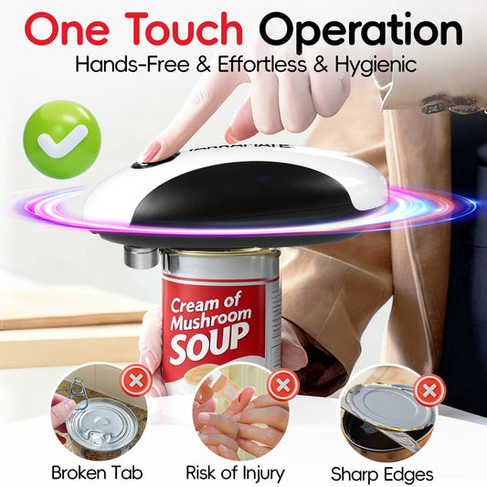 Finger pressing the top button of a white and black electric can opener on a soup can.