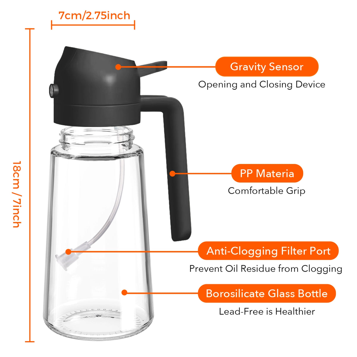 Clear glass oil sprayer with a black lid, showing dimensions and lid, handle and filter components.
