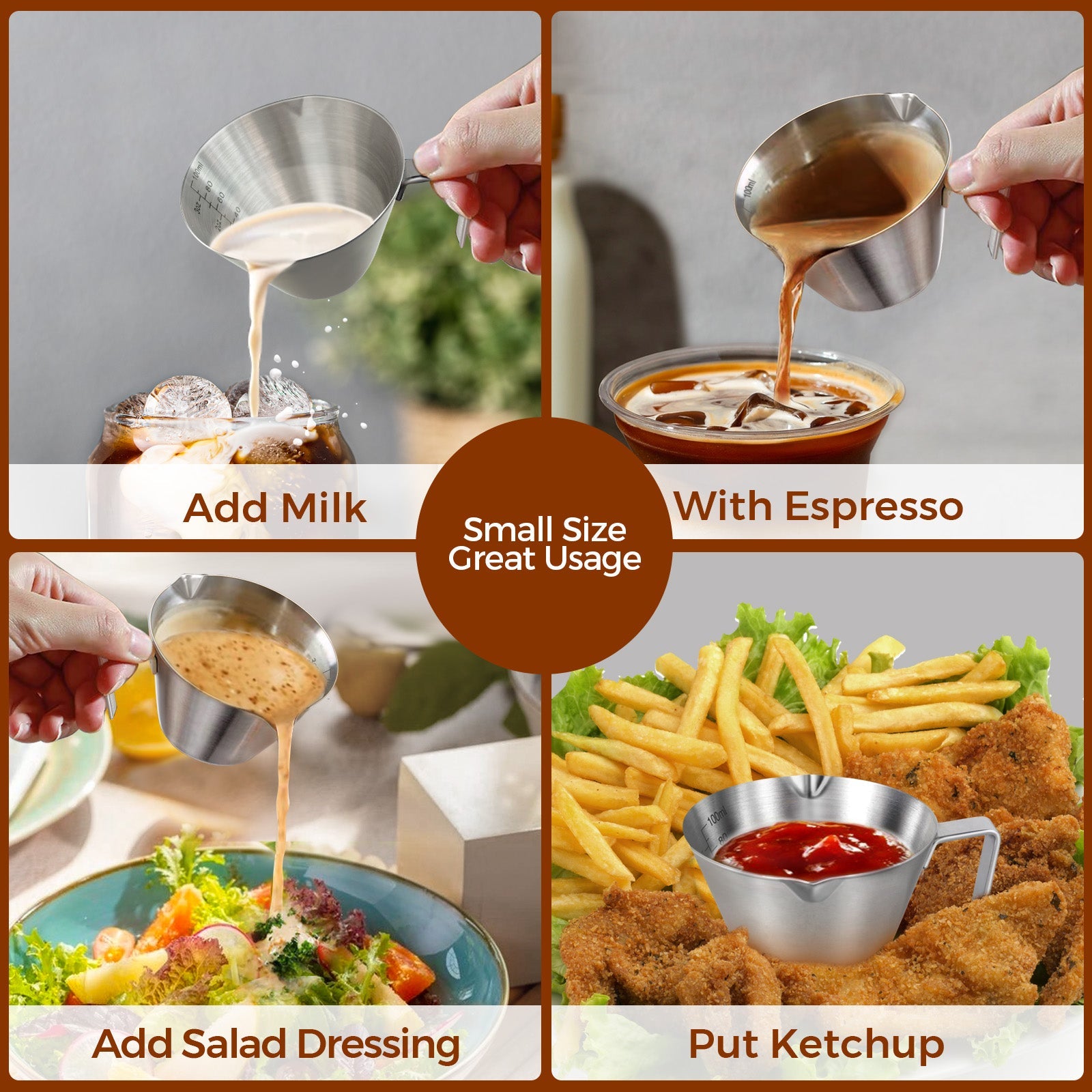 Different usage of Double Spout Metal coffee Measuring Cup