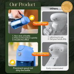 Leakproof 2-in-1 oil spray bottle for cooking showcasing non-drip nozzle and clean kitchen use against messy competitors