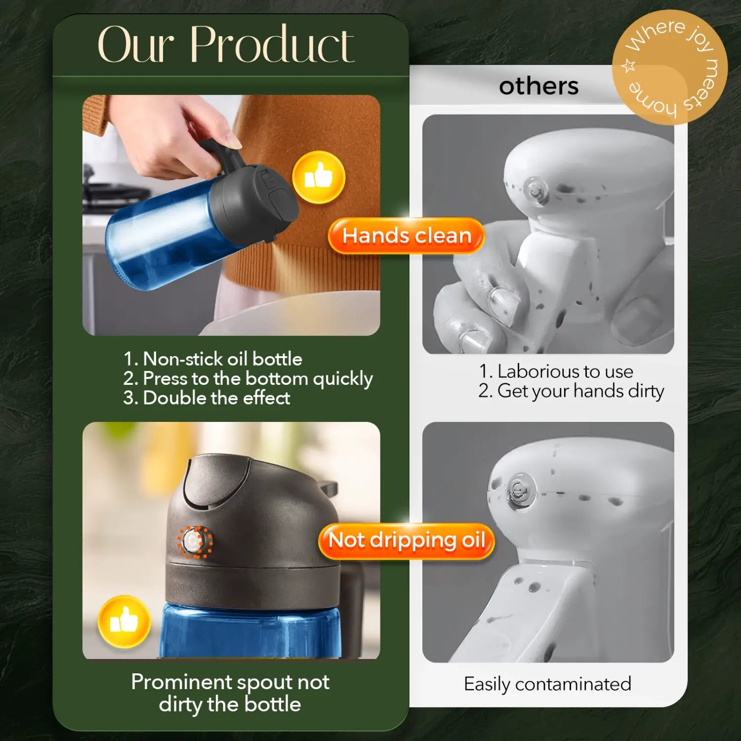 Leakproof 2-in-1 oil spray bottle for cooking showcasing non-drip nozzle and clean kitchen use against messy competitors