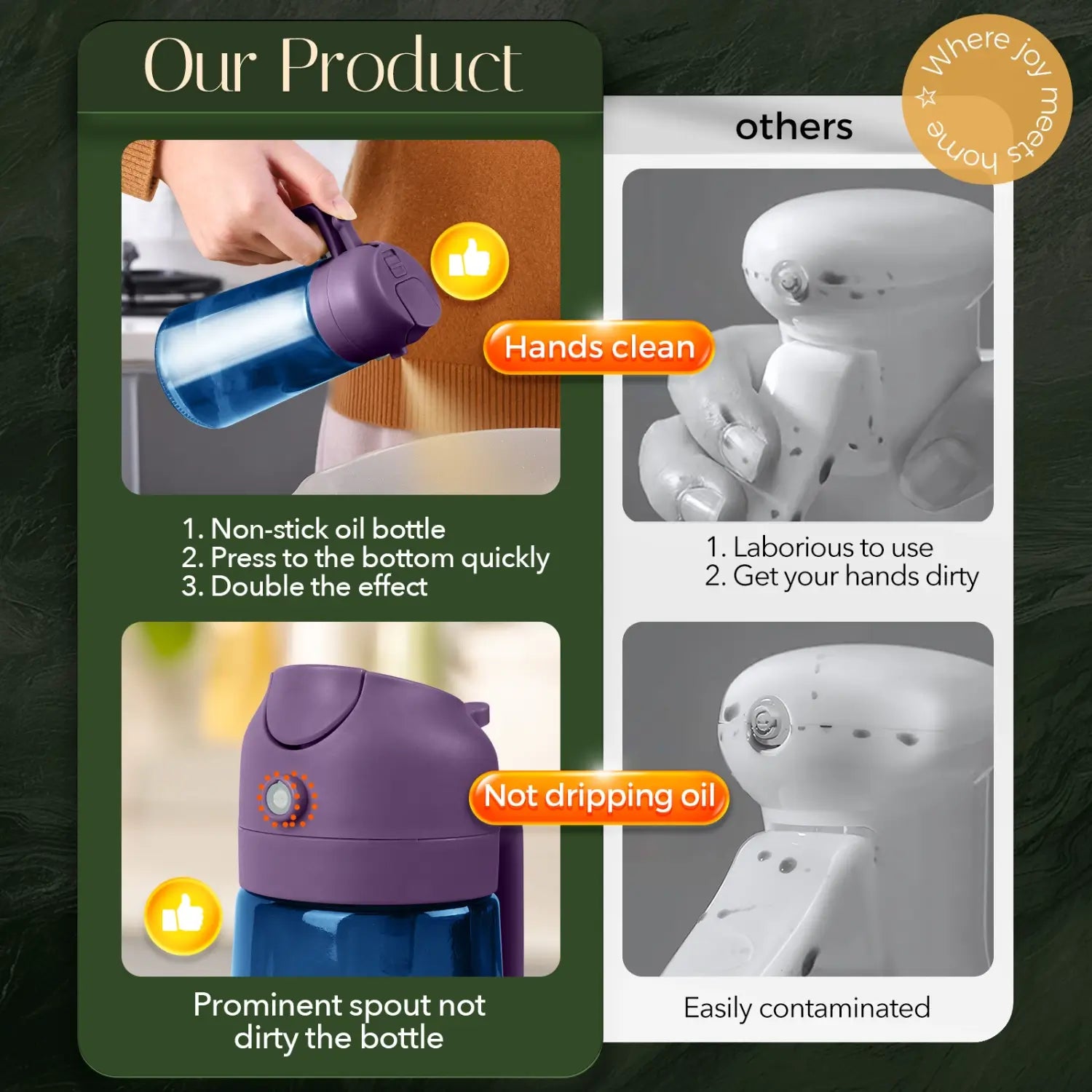 Leakproof 2-in-1 oil spray bottle for cooking showcasing non-drip nozzle and clean kitchen use against messy competitors