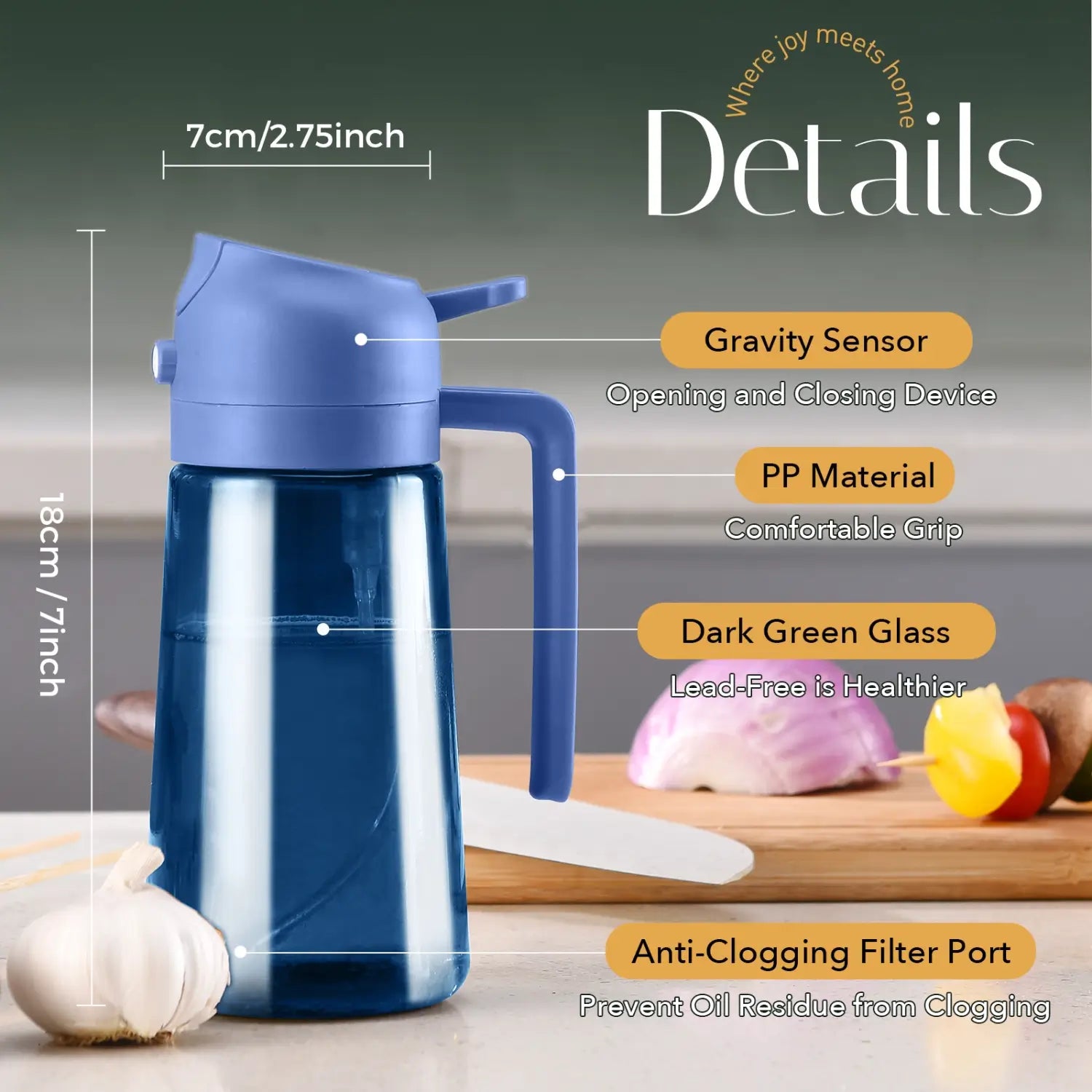 Product details and dimensions of blue glass olive oil dispenser bottle with gravity sensor lid PP handle and anti clogging filter
