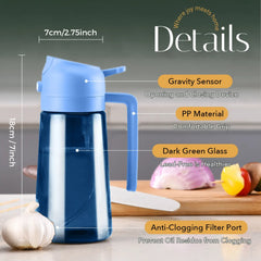 Product details and dimensions of blue glass olive oil dispenser bottle with gravity sensor lid PP handle and anti clogging filter