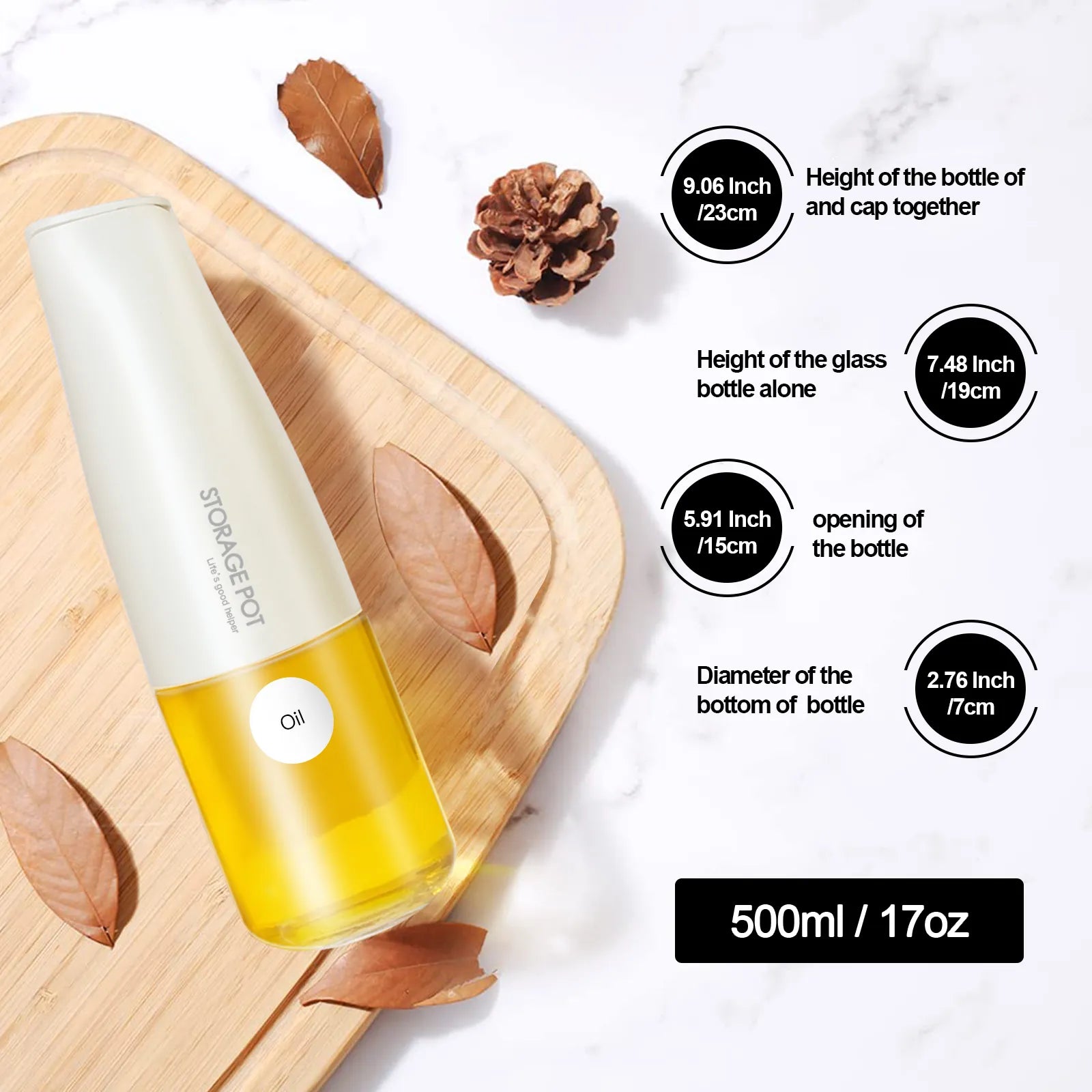 17oz capacity white dispenser oil bottle laid on a wooden board showing product details