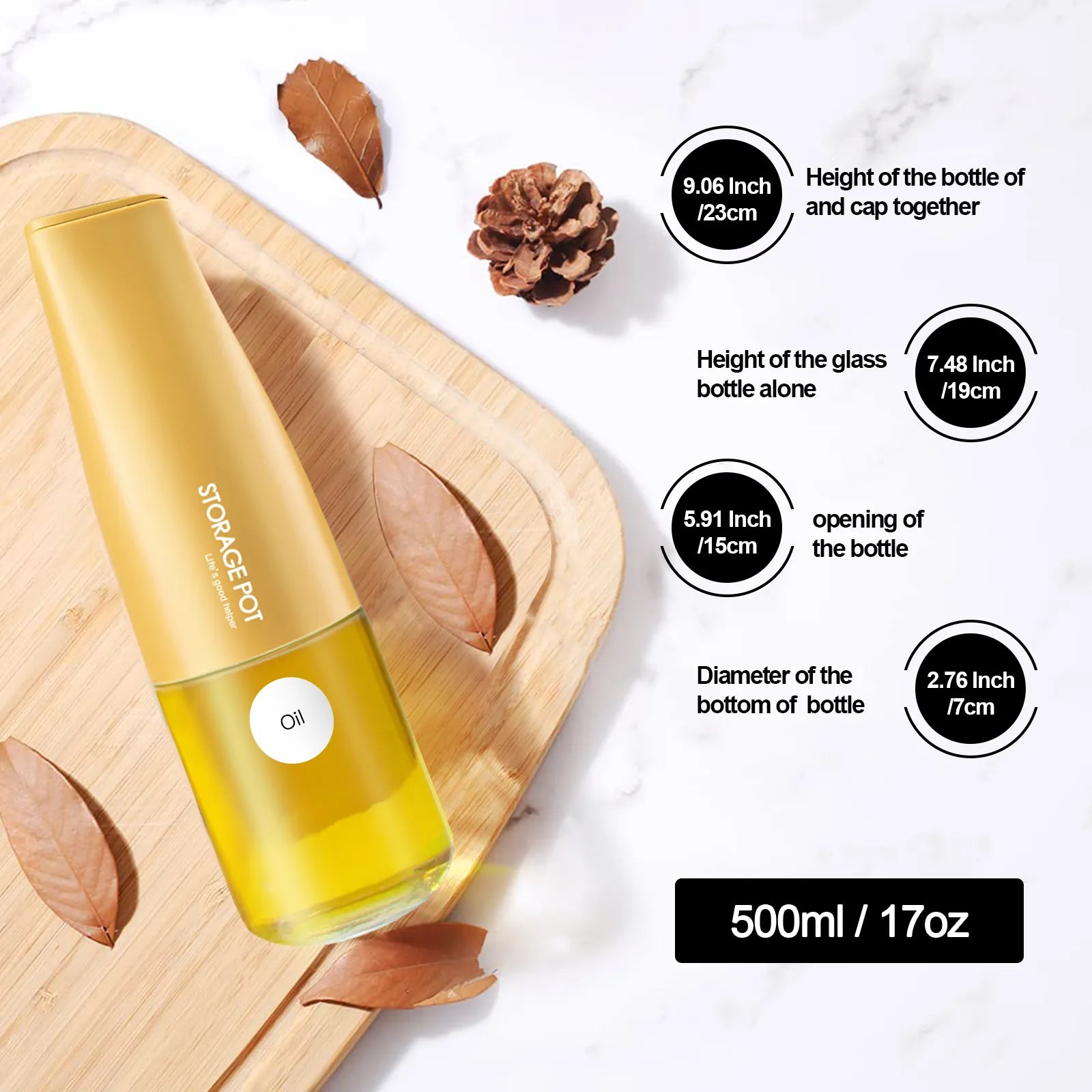 17oz capacity yellow dispenser oil bottle laid on a wooden board showing product details