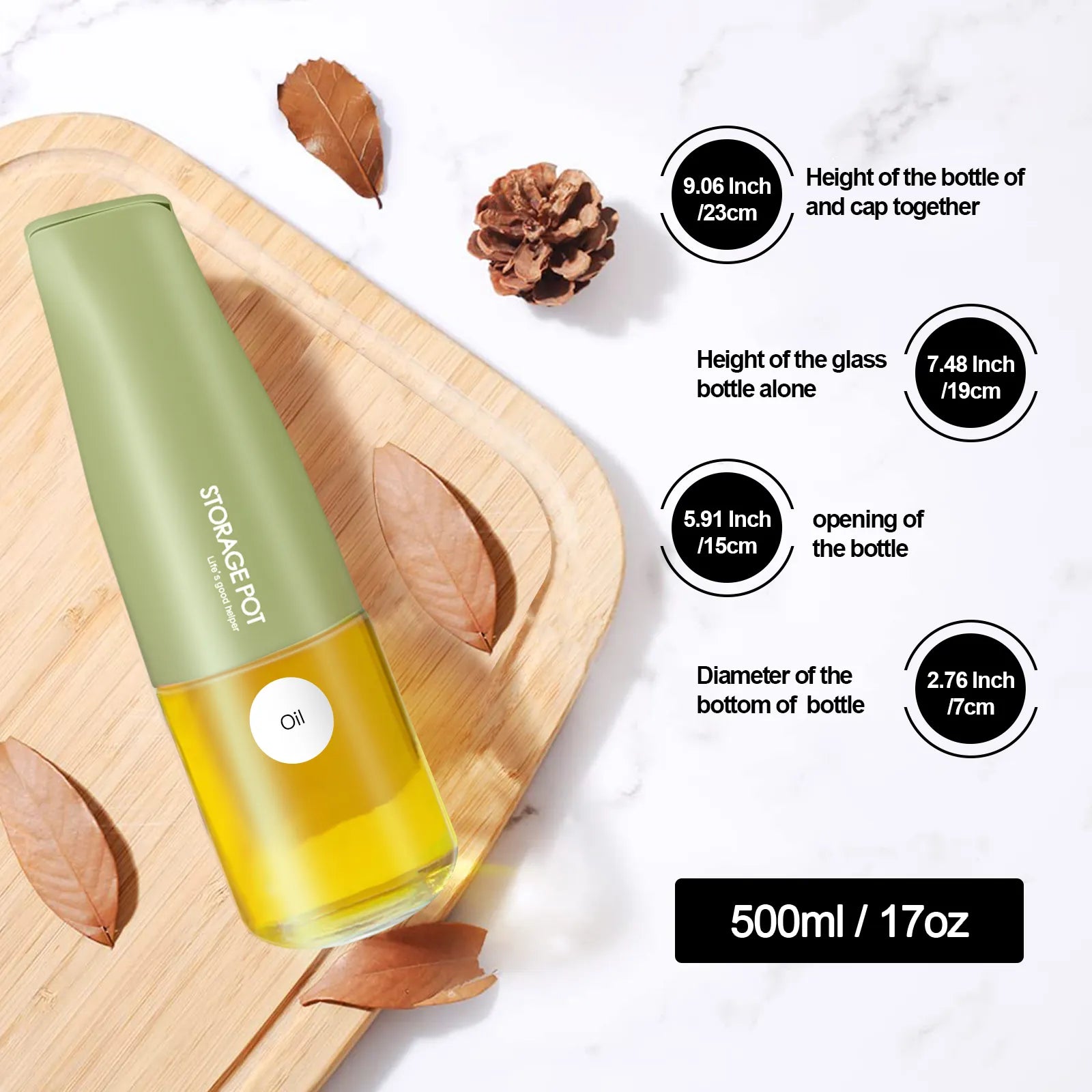 17oz capacity green dispenser oil bottle laid on a wooden board showing product details