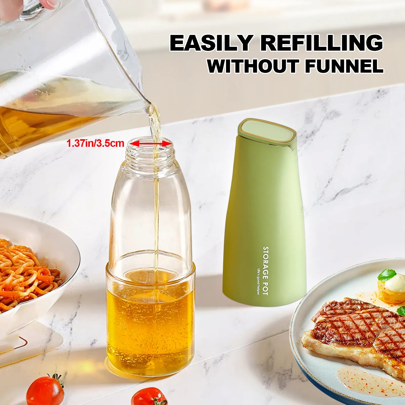 Easily refilling cooking oil into the wide mouth green olive oil glass bottle without a funnel