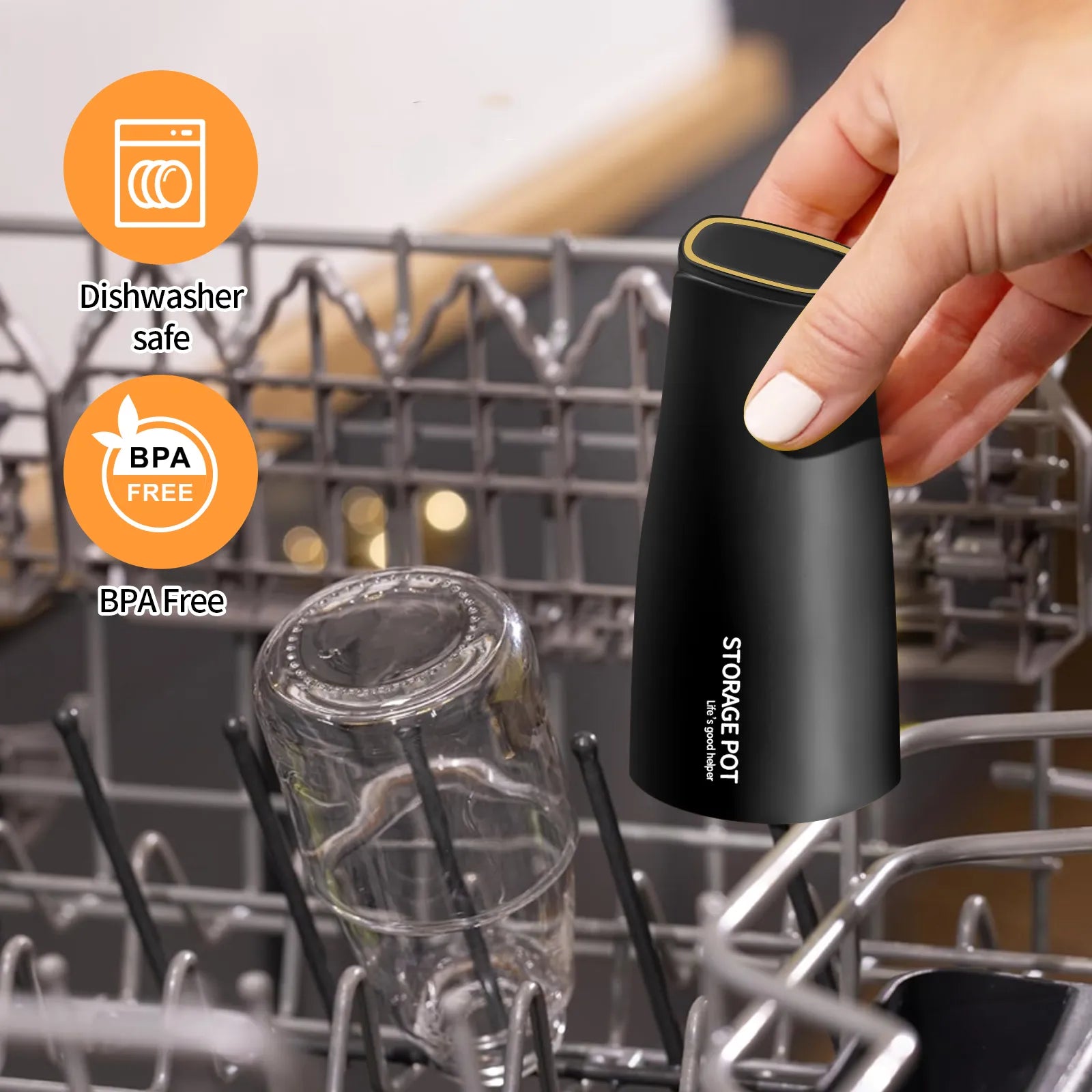 Place the Black dishwasher-safe oil dispenser for the kitchen on the storage rack