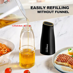 Easily refilling cooking oil into the wide mouth black olive oil glass bottle without a funnel