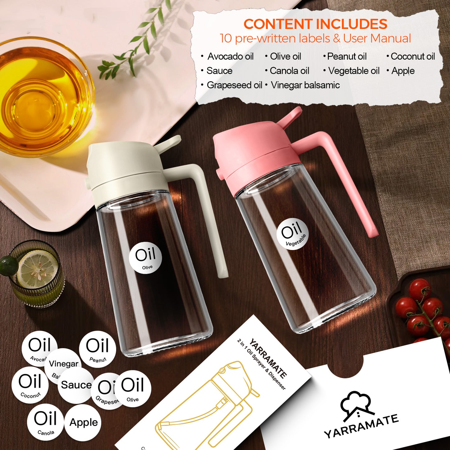 2 in 1 Oil Sprayer Bottle Dispenser 2Pcs 16oz Glass Olive Oil Sprayer Cooking Oil Sprayer Bottle for Kitchen Salad, Grill, BBQ (With Stickers)