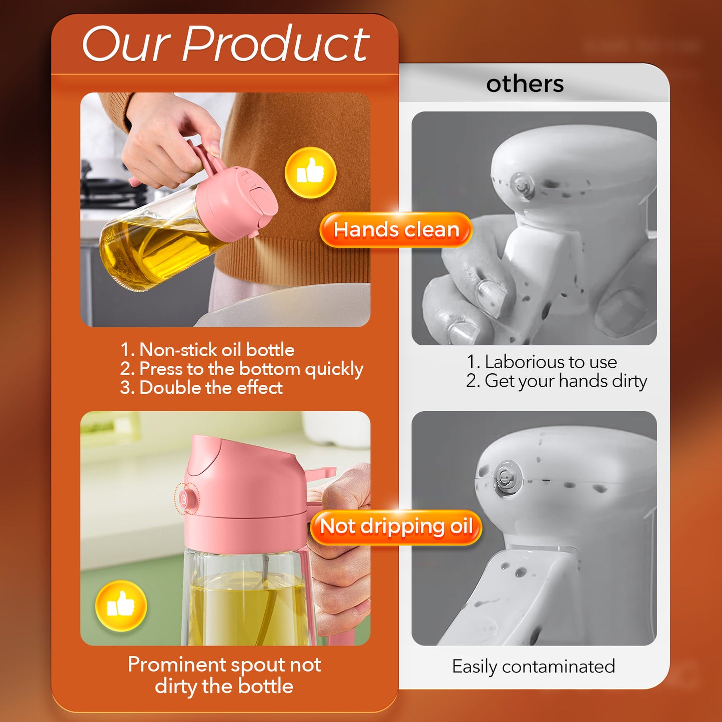 2 in 1 Oil Sprayer Bottle Dispenser 2Pcs 16oz Glass Olive Oil Sprayer Cooking Oil Sprayer Bottle for Kitchen Salad, Grill, BBQ (With Stickers)