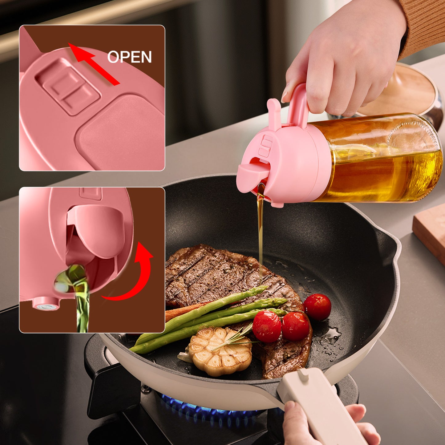 2 in 1 Oil Sprayer Bottle Dispenser 2Pcs 16oz Glass Olive Oil Sprayer Cooking Oil Sprayer Bottle for Kitchen Salad, Grill, BBQ (With Stickers)