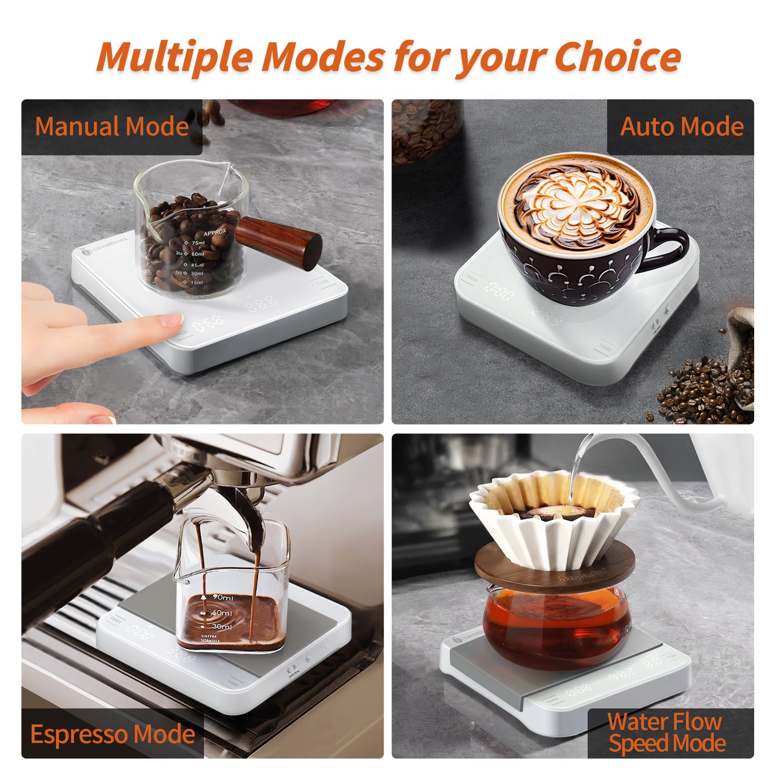 Carrottimes Rechargeable Mini Coffee Scale with Timer, 2kg/0.1g Espresso Scale with Silicone Mat, Digital Food Scales for Kitchen, Pour-Over Coffee, Espresso