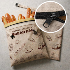Beige reusable beeswax bread bags with zipper detail for easy bread storage