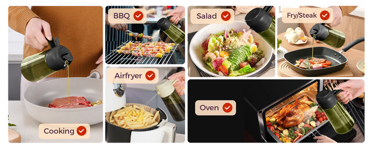 Collage showing a green 2-in-1 oil sprayer bottle used for cooking, BBQ, salad, frying steak, air fryer meals, and oven roasting