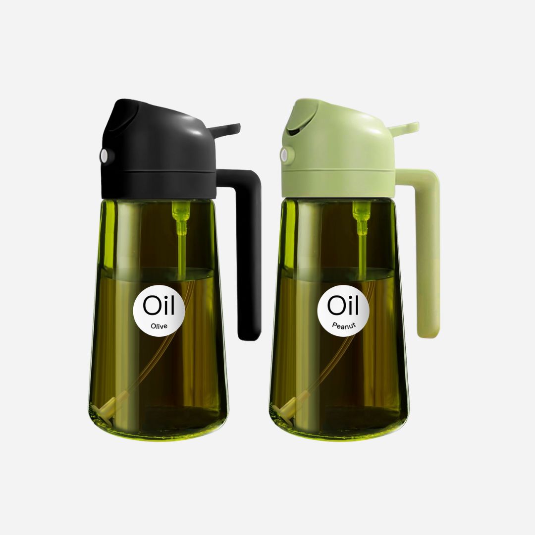 2 in 1 Oil Sprayer Bottle Dispenser 2Pcs 16oz Glass Olive Oil Sprayer Cooking Oil Sprayer Bottle for Kitchen Salad, Grill, BBQ - Dark Green (with strickers)