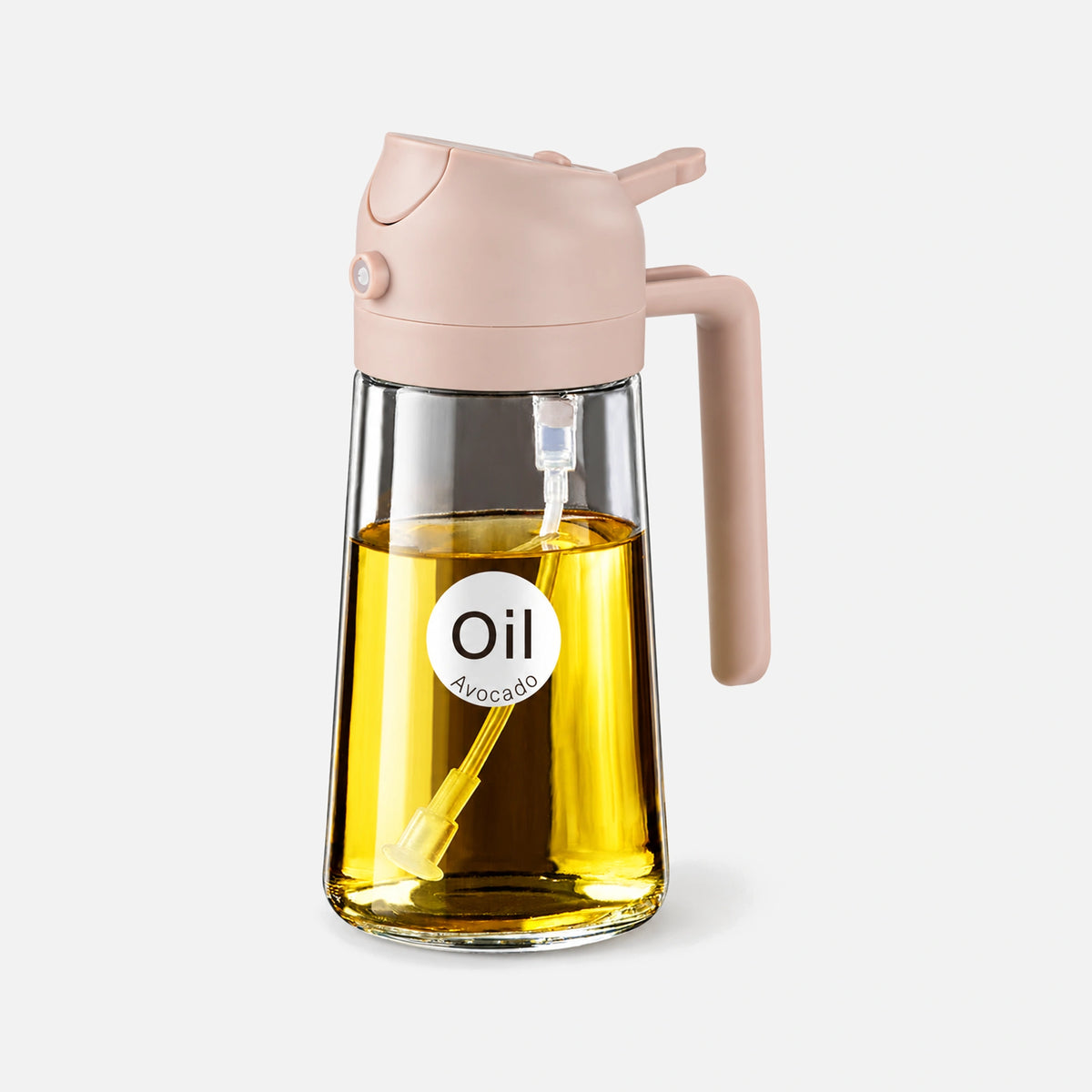 Clear glass oil sprayer with a lotus root pink spray head and Oil label.