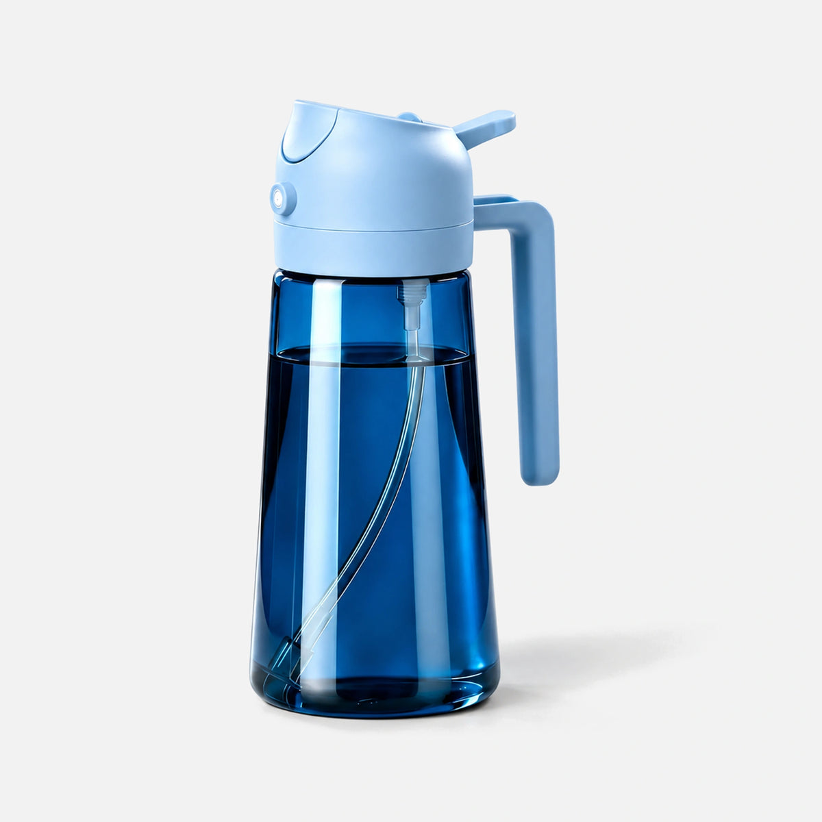 Dark blue glass 2-in-1 oil sprayer with a sky blue spray head.