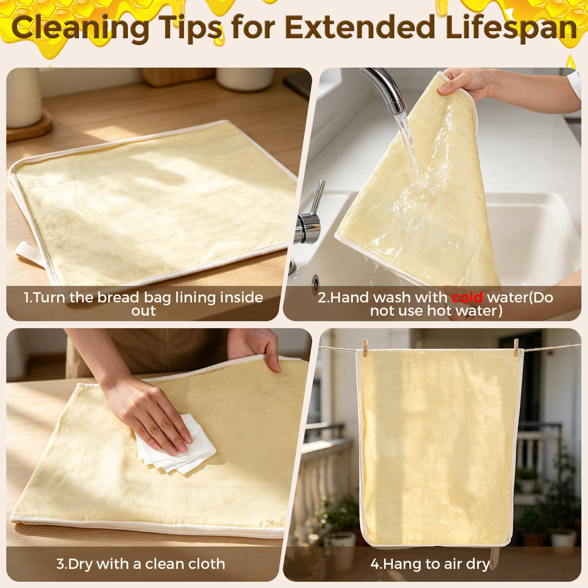 Gently clean the bread bag with cold water and mild soap