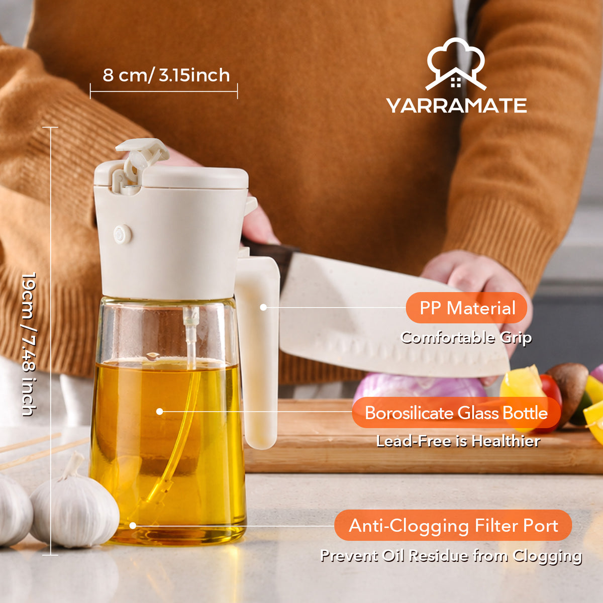 White glass oil dispenser dimensions and material details.