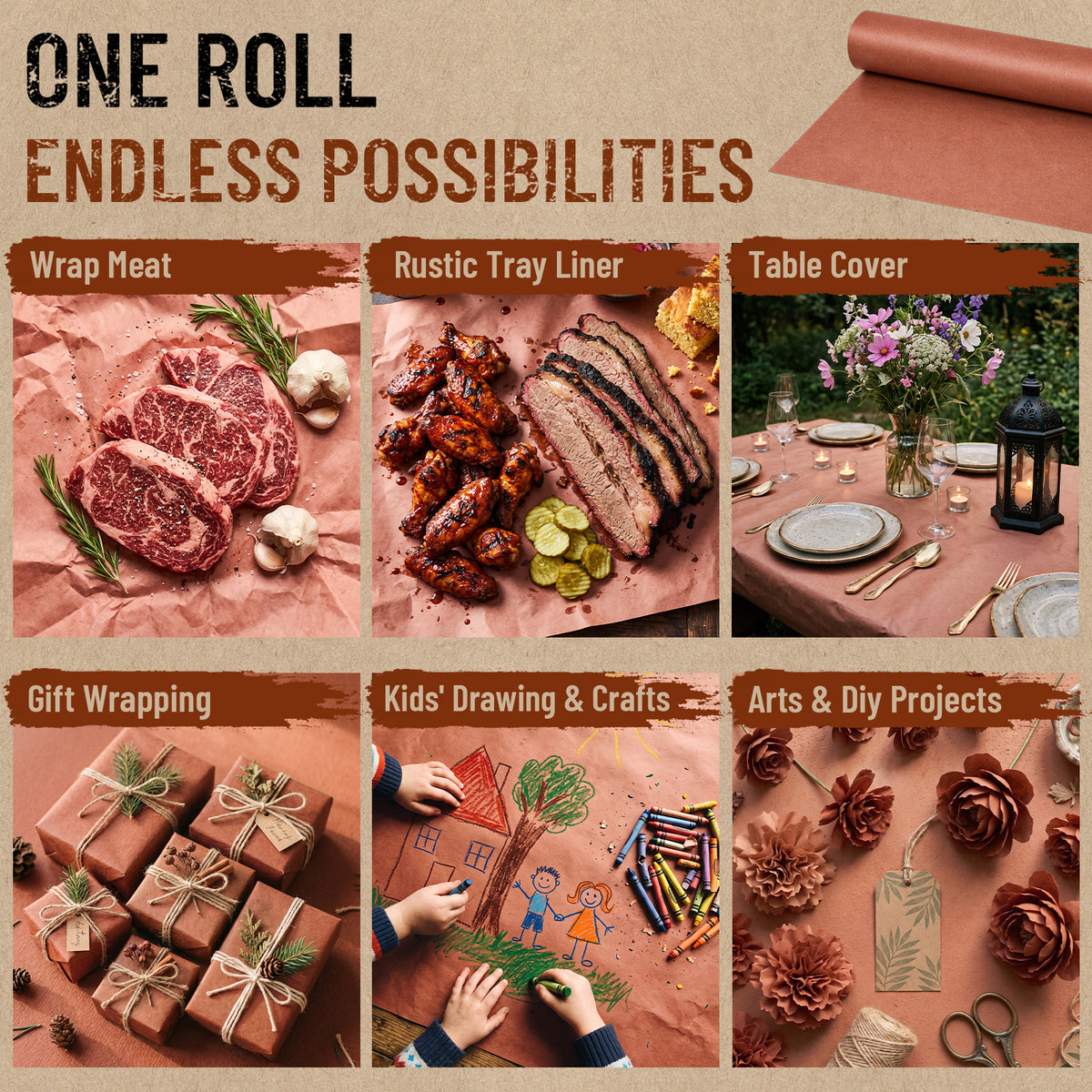 Butcher paper roll shown for wrapping, tray lining and crafts