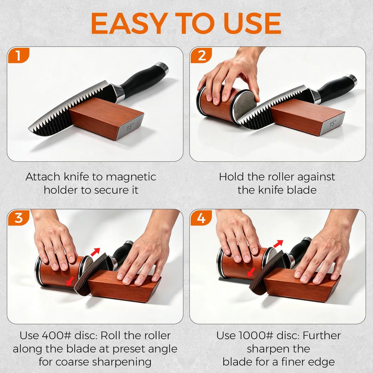 Four steps for using the rolling knife sharpener