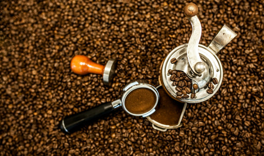Overhead coffee grinder and espresso setup for choosing large coffee grinder burrs