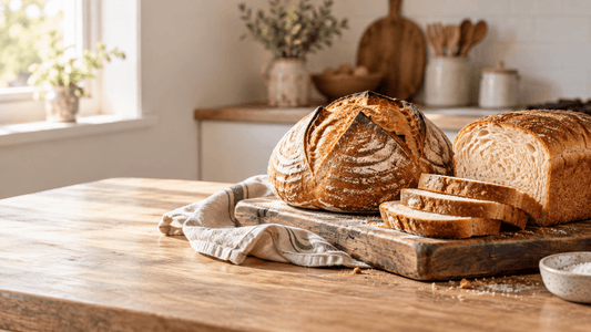 Fresh sourdough and sandwich bread on a wooden kitchen counter