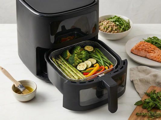 Black air fryer basket filled with asparagus, broccoli, zucchini, green beans, and peppers beside salmon and grains on a clean kitchen counter