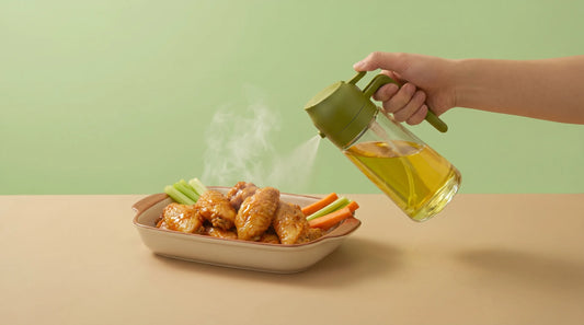 alt='Green oil sprayer bottle misting oil over chicken wings on a clean beige table with a soft green background'