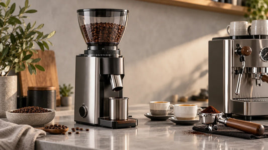 Premium burr coffee grinder with coffee beans and espresso tools on a home coffee bar
