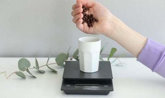 Coffee beans being weighed on a digital scale for a grinder retention test