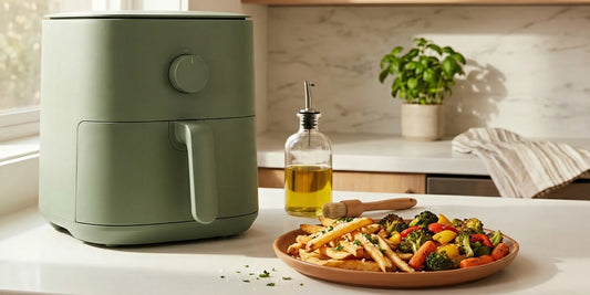 Green air fryer with crispy fries and roasted vegetables on a clean kitchen counter beside an olive oil bottle