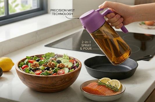 Oil sprayer bottle misting salad in sunny kitchen