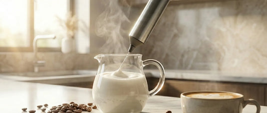 Yarramate 3-speed stainless steel handheld milk frother creating thick micro-foam in a glass jug for latte art on a sunny kitchen counter