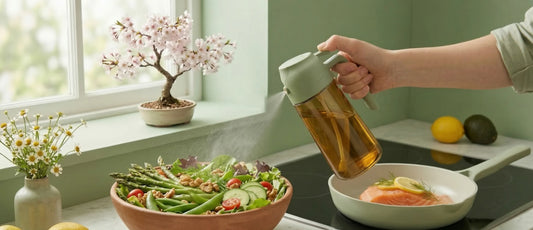 Hand spraying olive oil over salmon and fresh salad in a bright home kitchen