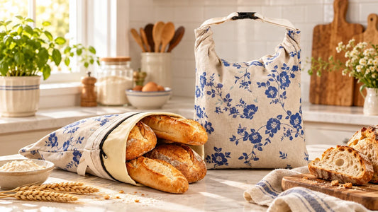 Homemade artisan bread stored in a reusable bread bag on a bright kitchen counter
