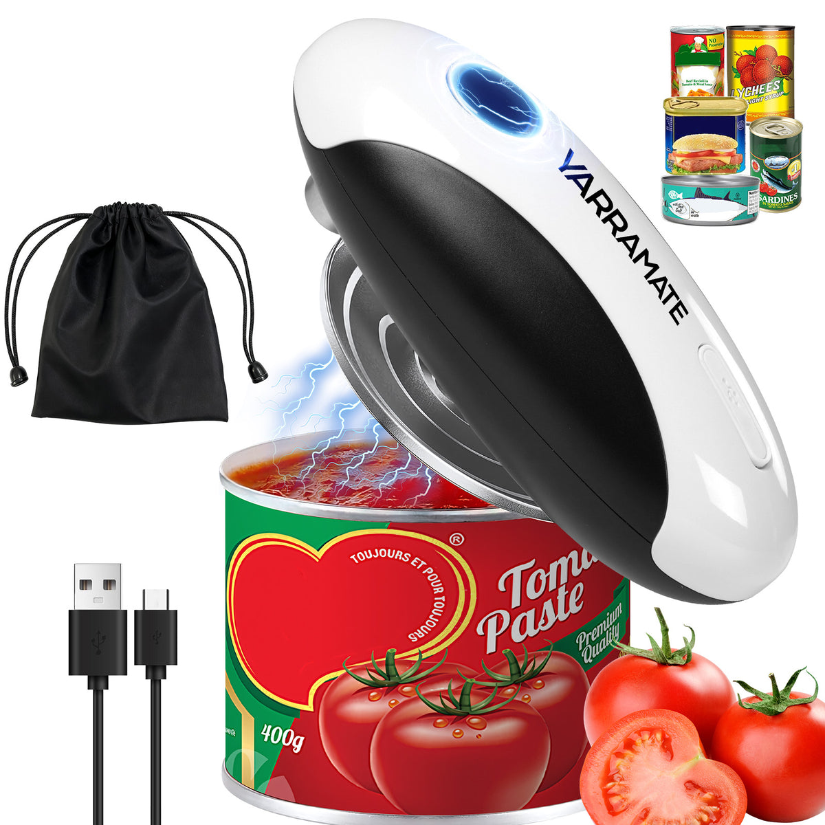 White and black YARRAMATE electric can opener with charging cable and storage pouch, lifting a tomato can lid.