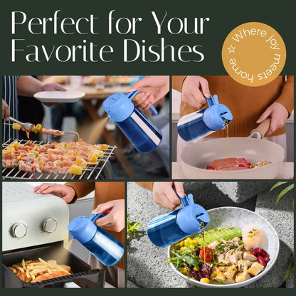 Blue glass olive oil dispenser bottle with handle for cooking