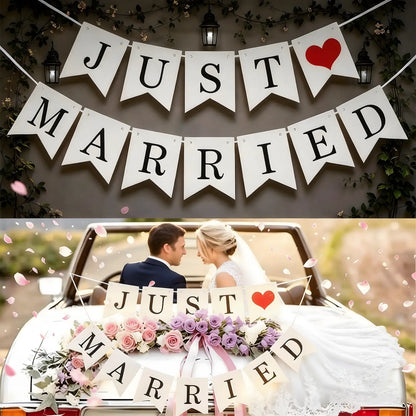 Just Married Vintage Paper Banner Garland, Wedding Reception Bridal Shower Photo Prop