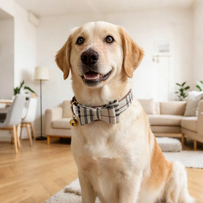 Plaid Dog Collar with Bow Bell, Adjustable Soft Checkered Pet Collar for Small