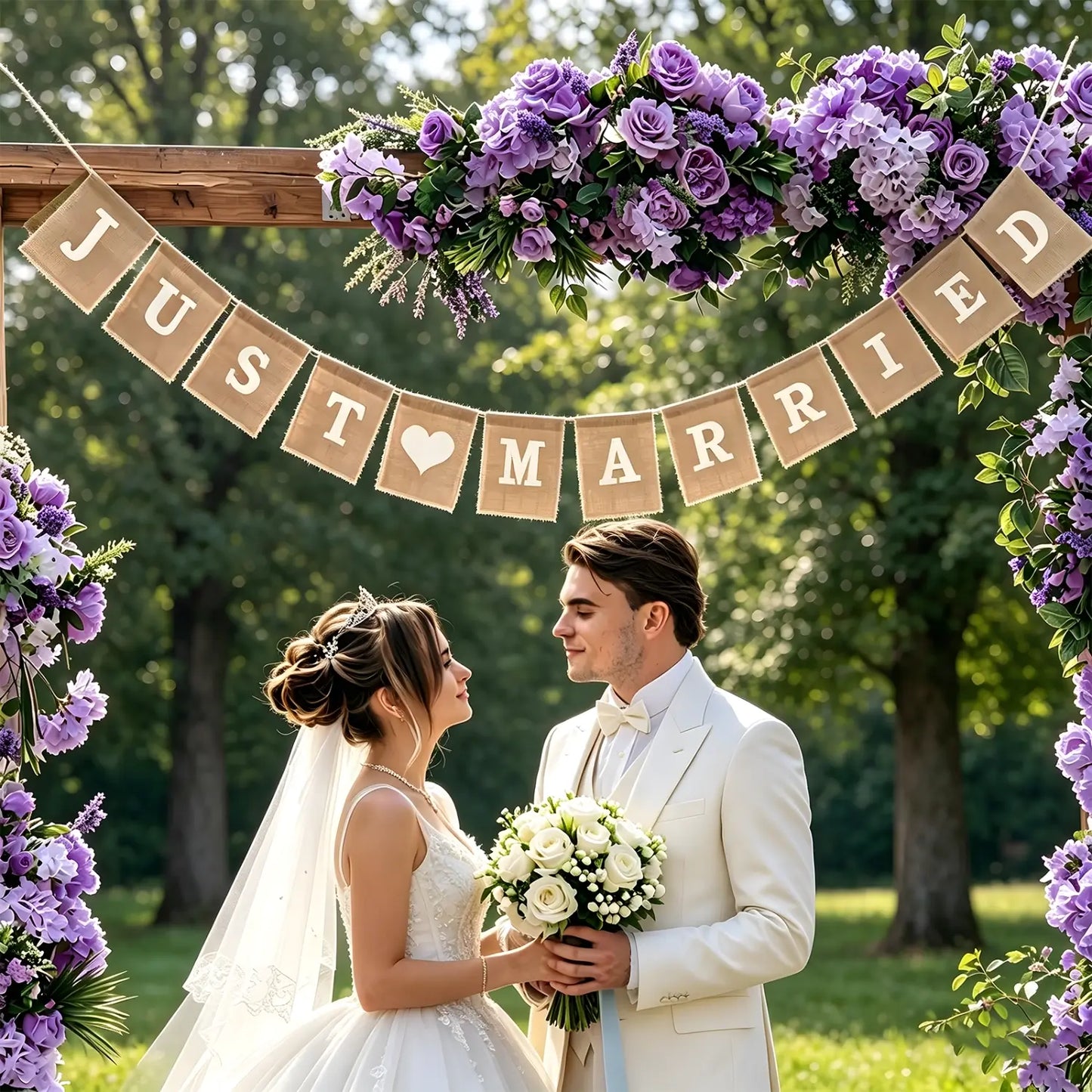 Rustic Pre Strung Just Married Burlap Garland, Wedding Hanging Photo Booth Decor